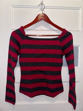 Energie Red & Black Striped Off-Shoulder Long Sleeve Top